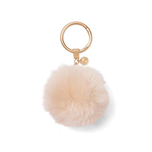 Bogg’d & Charmed Freshly Pressed Linen pouf keychain with soft faux fur and gold-tone key ring on white background