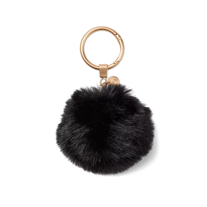 Bogg’d & Charmed L.B.D. Black pouf keychain with soft faux fur and gold-tone key ring on white background