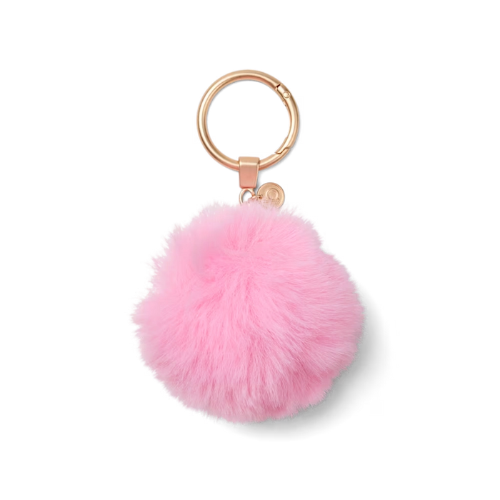 Bogg’d & Charmed Pink pouf keychain with soft faux fur and gold-tone key ring on white background
