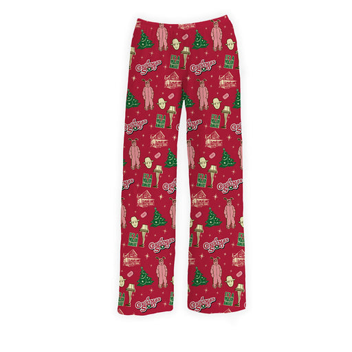 Brief Insanity A Christmas Story Holiday Lounge Pants featuring Ralphie, the leg lamp, and festive Christmas graphics on red background.