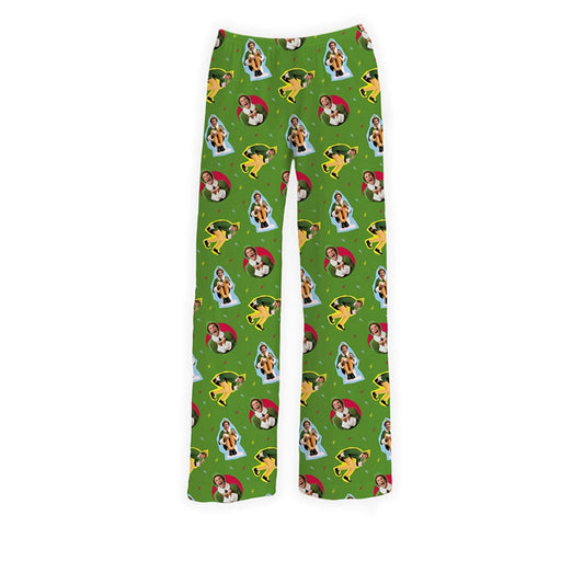 Brief Insanity Elf Movie Lounge Pants -Green pajama pants with Buddy the Elf character pattern on a white background