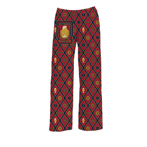 Brief Insanity Harry Potter Butterbeer Lounge Pants featuring all-over red, gold, and navy Butterbeer mug and logo pattern.