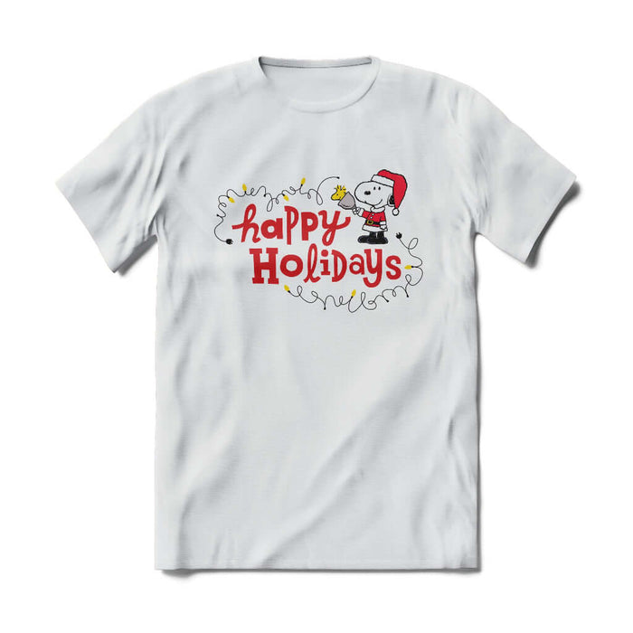 Brief Insanity Snoopy Happy Holidays T-Shirt featuring Snoopy in a Santa hat with “Happy Holidays” text and holiday lights on a white shirt.