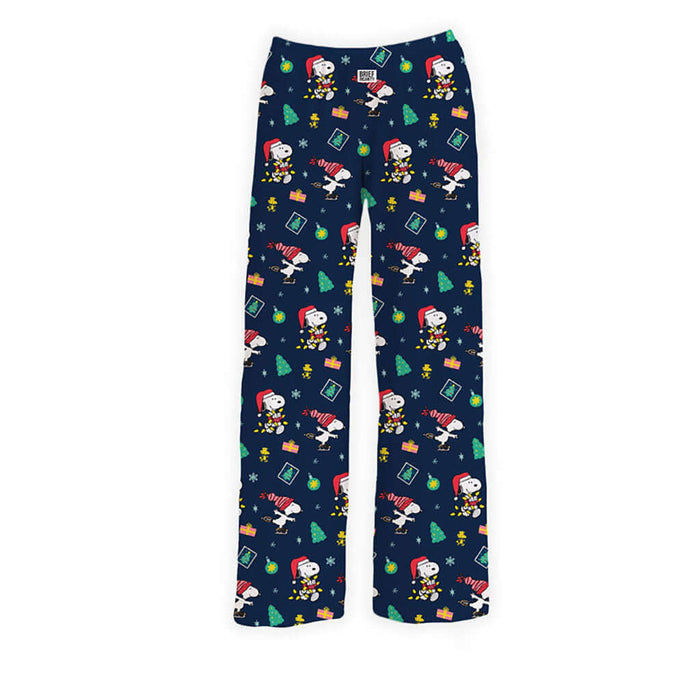 Brief Insanity Snoopy Holiday Celebration Lounge Pants featuring Snoopy and Woodstock in Santa hats with Christmas trees and gifts on a navy blue background.