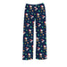 Brief Insanity Snoopy Holiday Celebration Lounge Pants featuring Snoopy and Woodstock in Santa hats with Christmas trees and gifts on a navy blue background.