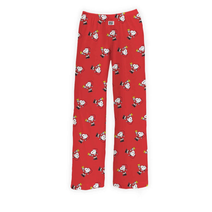 Red pajama pants with cartoon character Snoopy and Woodstock pattern on a white background.