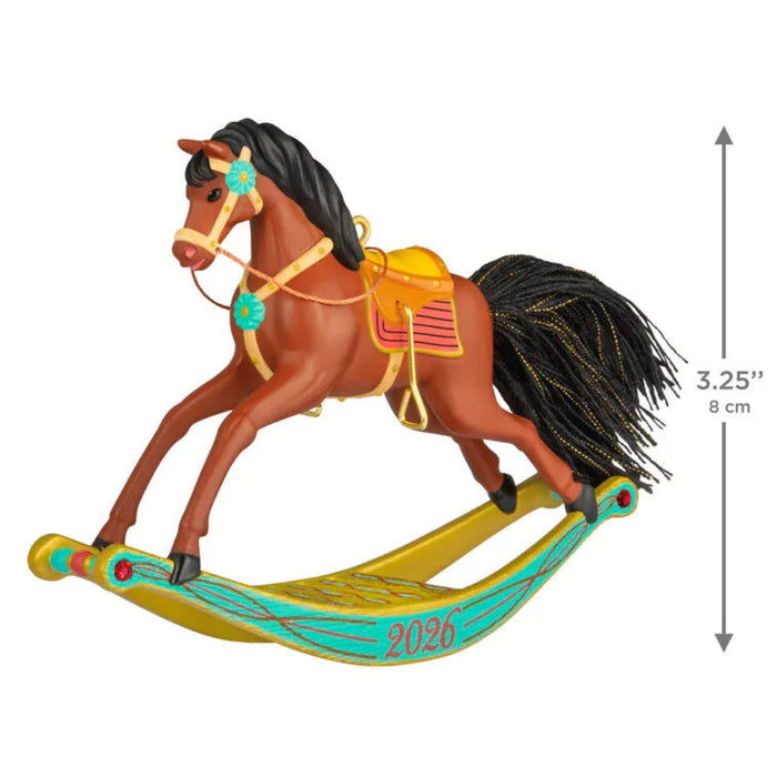 Colorful rocking horse toy with measurements on a white background