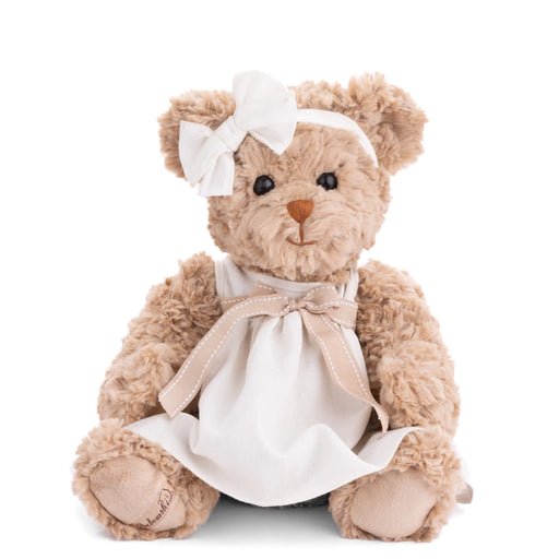 Bukowski Bella Luna Bear plush toy wearing white dress and headband bow