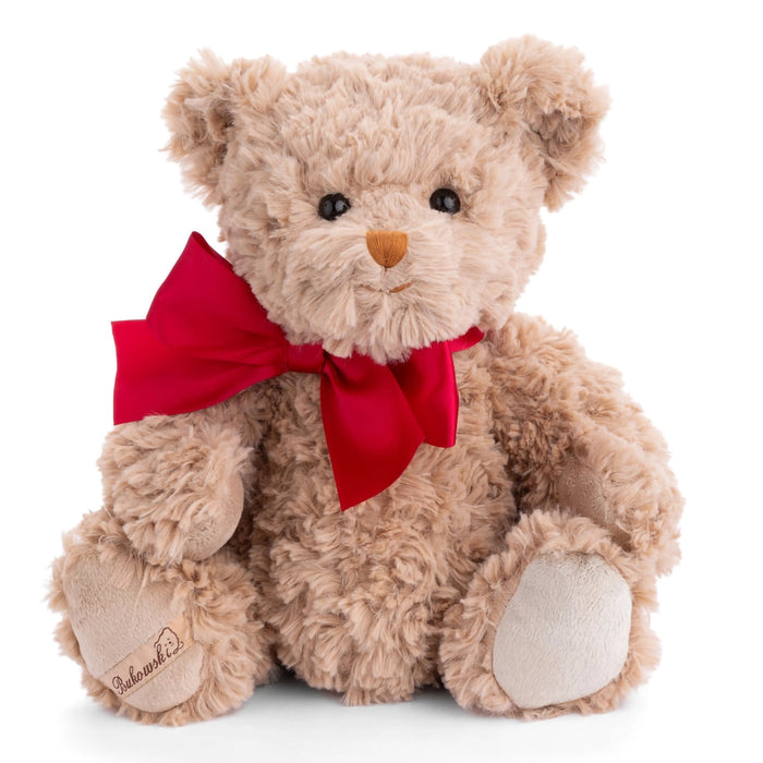 Bukowski Christian Bear plush toy with soft beige fur and red satin bow – classic teddy by Bukowski Design Sweden