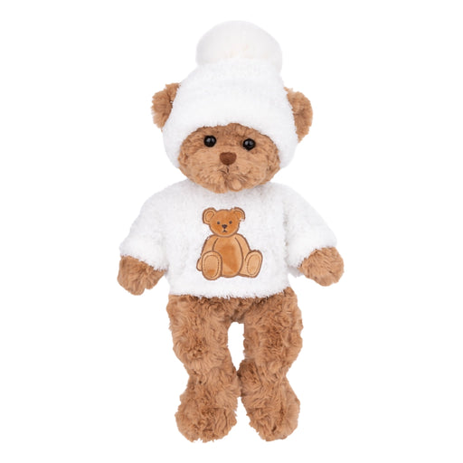 Bukowski Hunter Bear plush toy wearing white fuzzy sweater and beanie with pom-pom – soft winter teddy by Bukowski Design Sweden