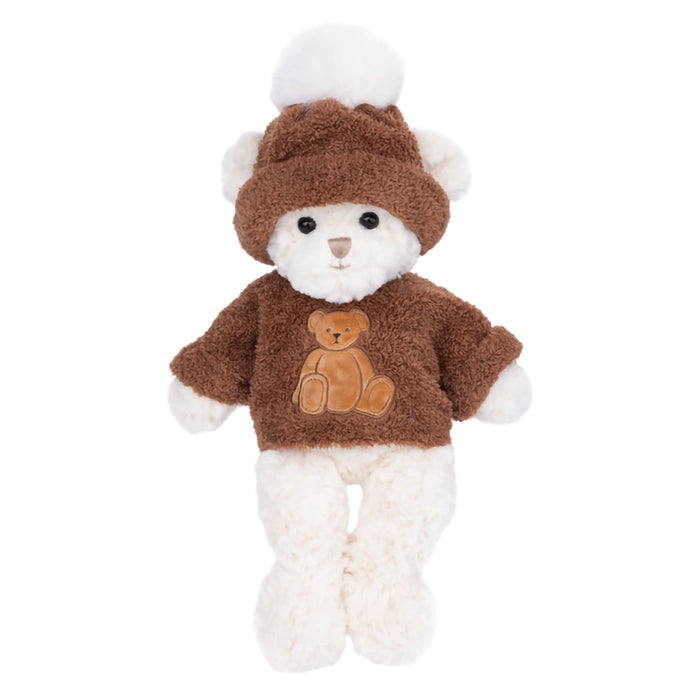 Bukowski River Bear plush toy wearing brown fuzzy sweater and pom-pom beanie – soft collectible teddy by Bukowski Design Sweden