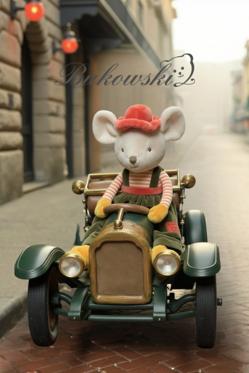 Bukowski plush toy mouse in a vintage car on a city street with 'Buskowski' branding.