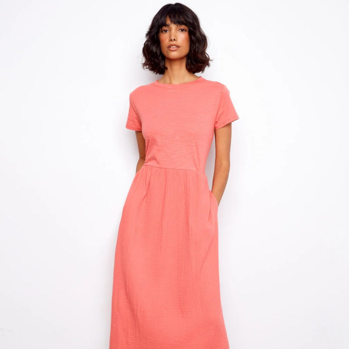 Charlie B : Cotton Short Sleeve Midi Dress in Sorbet