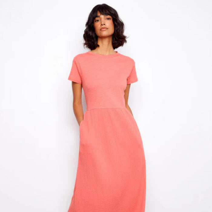 Charlie B : Cotton Short Sleeve Midi Dress in Sorbet