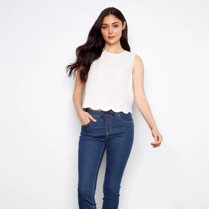 Charlie B : Linen Blend Sleeveless Scalloped Top
