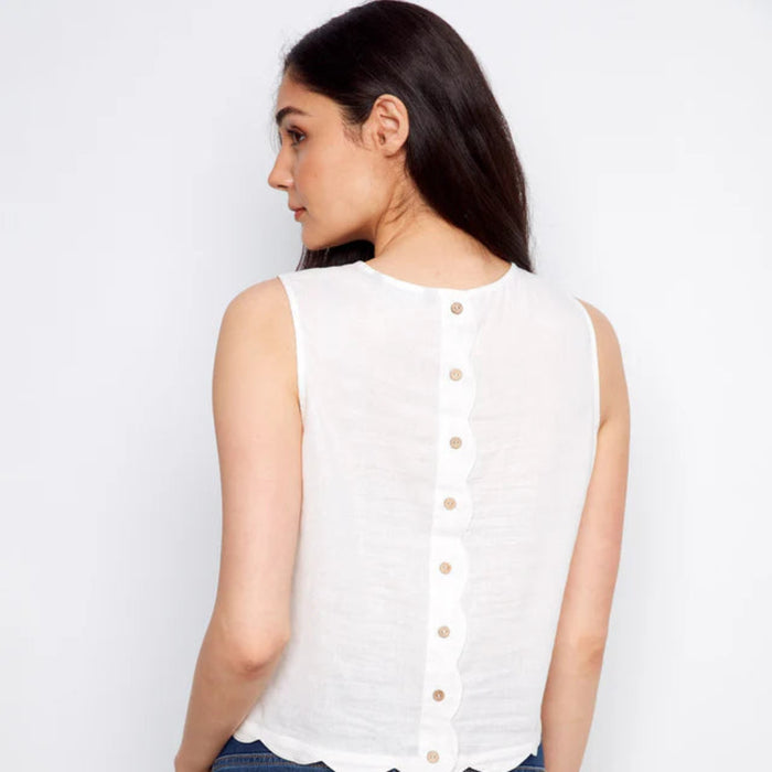 Charlie B : Linen Blend Sleeveless Scalloped Top