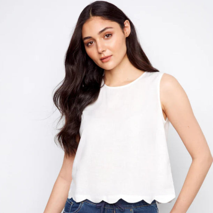 Charlie B : Linen Blend Sleeveless Scalloped Top