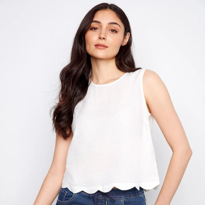 Charlie B : Linen Blend Sleeveless Scalloped Top