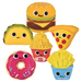Set of cute plush toys shaped like a burger, taco, pizza slice, donut, popcorn, and chips on a white background.