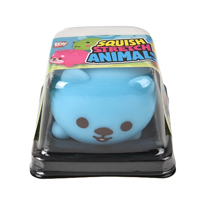 Blue stretchy animal toy in packaging with 'Squishy Stretchy Animals' branding.