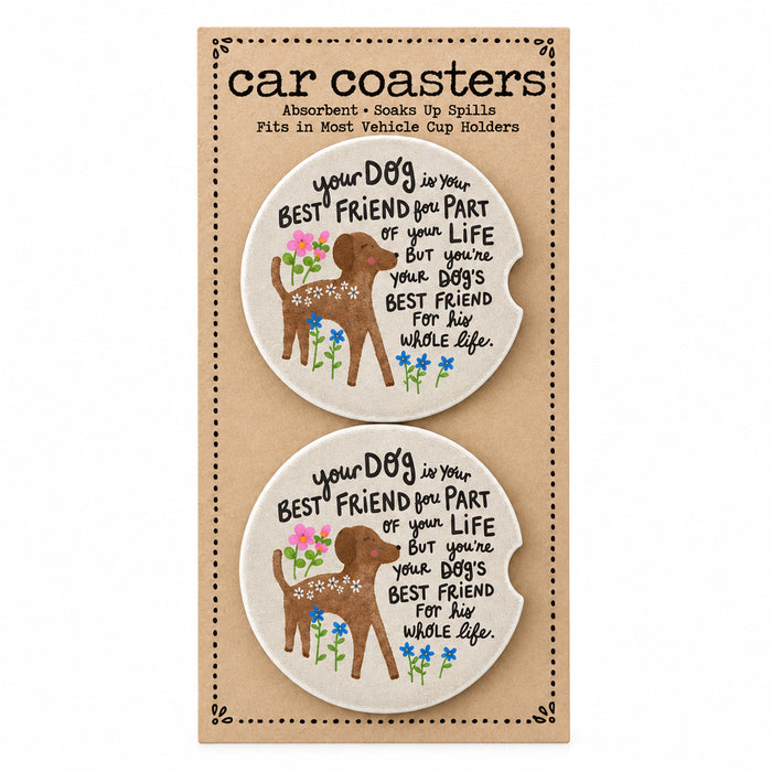 Natural Life Car Coasters Set of 2 featuring a Dog Best Friend-inspired design