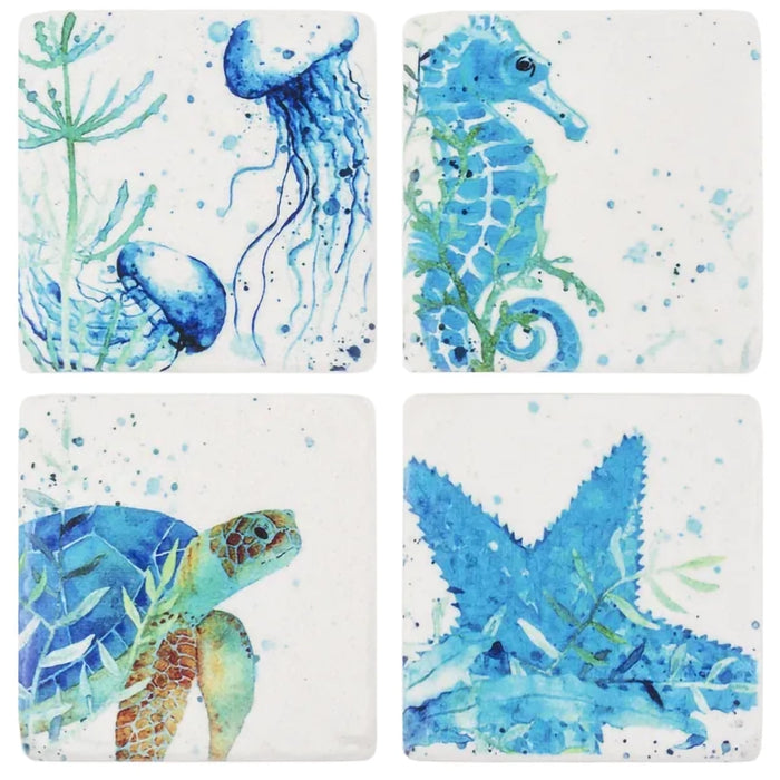 Set of four coasters with watercolor designs of a turtle, jellyfish, seahorse, and starfish on a white background.