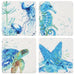 Set of four coasters with watercolor designs of a turtle, jellyfish, seahorse, and starfish on a white background.