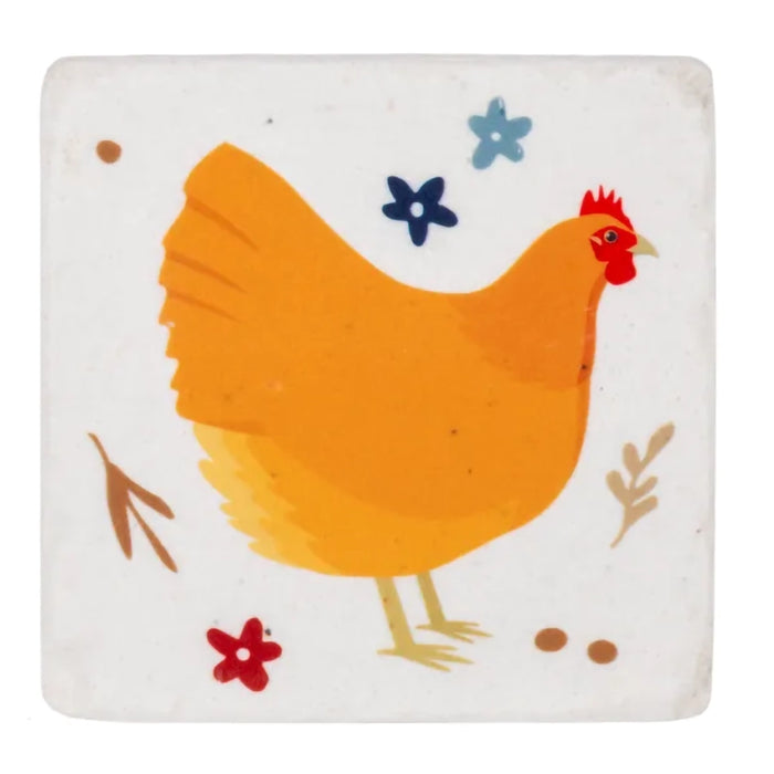Coaster with a colorful illustration of a chicken on a white background