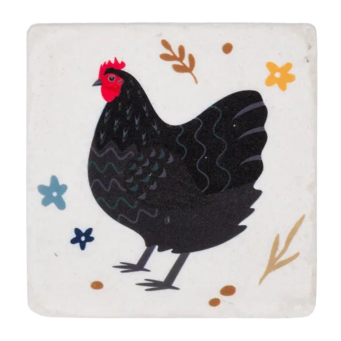 Square ceramic coaster with a black chicken illustration on a white background