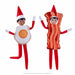 Two Elf on the Shelf dolls wearing bacon and fried egg costumes from the Bestie Bundle elf costume set.