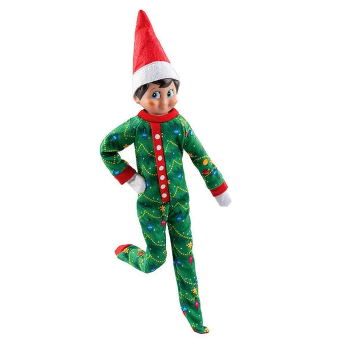 Elf on the Shelf character in green pajamas with Christmas lights on a white background