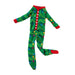 Green pajama onesie with Christmas lights pattern on a white background