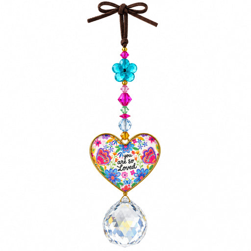 Heart-shaped You Are So Loved sun catcher car charm for inspirational vehicle décor.