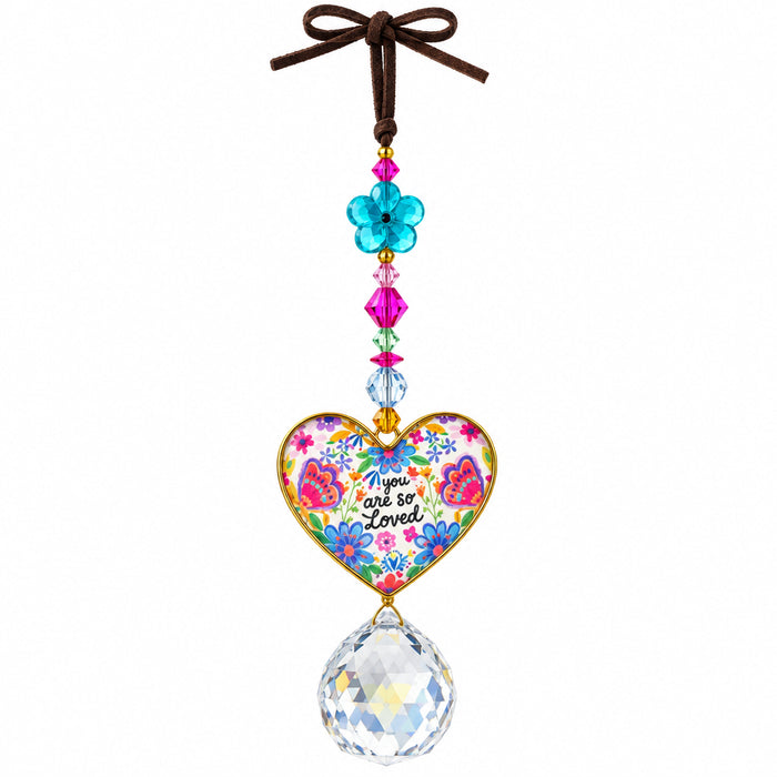 Heart-shaped You Are So Loved sun catcher car charm for inspirational vehicle décor.