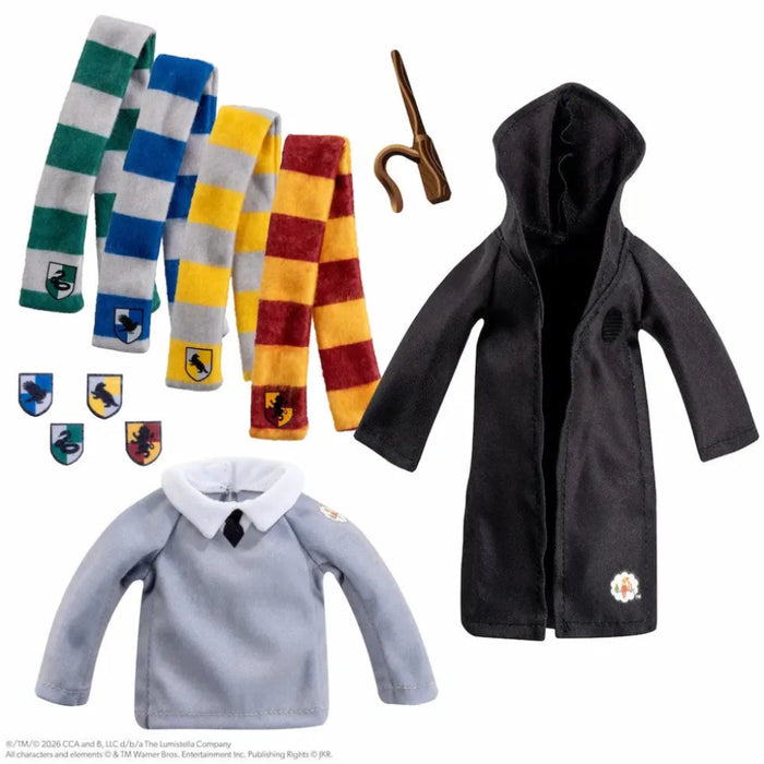 Scout Elf Harry Potter Hogwarts set with black robe, gray sweater, four house scarves, crest patches, and wand.