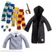 Scout Elf Harry Potter Hogwarts set with black robe, gray sweater, four house scarves, crest patches, and wand.