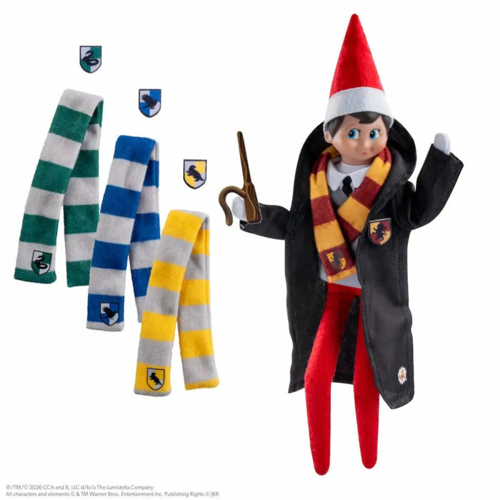 Scout Elf Harry Potter Hogwarts set with black robe, gray sweater, four house scarves, crest patches, and wand.