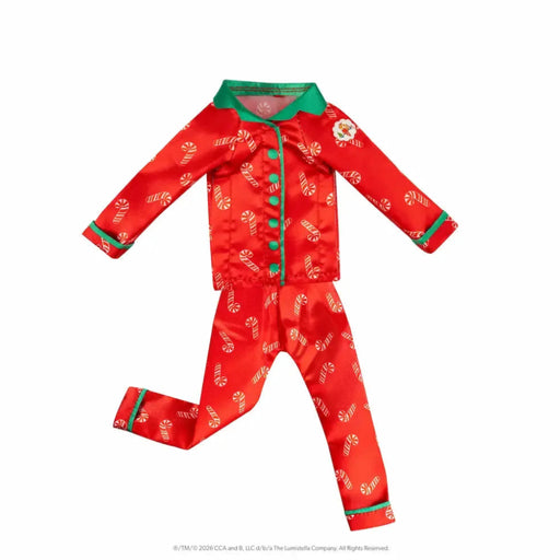 The Elf on the Shelf Candy Cane Couture elf pajama set from the Claus Couture Collection, featuring a candy cane theme.