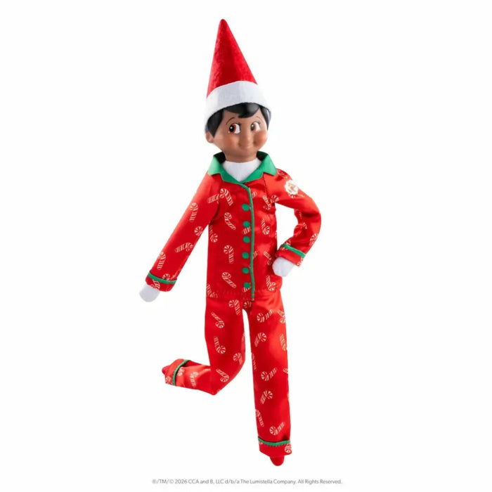 The Elf on the Shelf Candy Cane Couture elf pajama set from the Claus Couture Collection, featuring a candy cane theme.