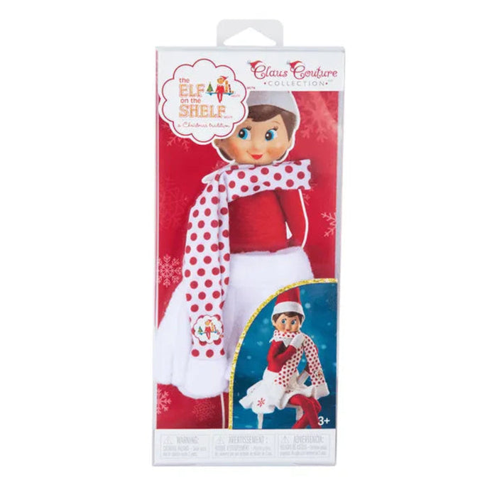 Elf on the Shelf costume packaging with red and white design