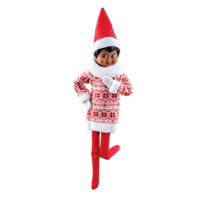 Elf on the Shelf with red hat and patterned sweater on a white background