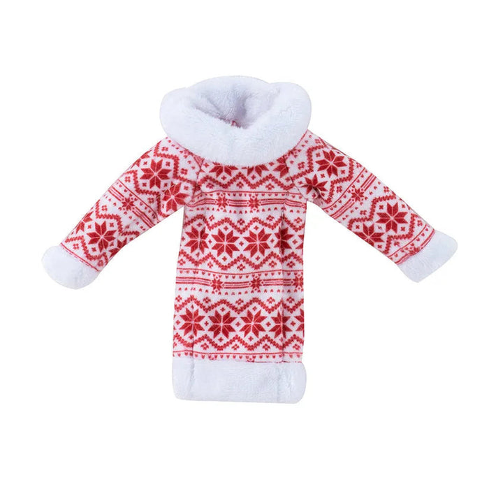 Red and white patterned sweater with white fur collar on a white background