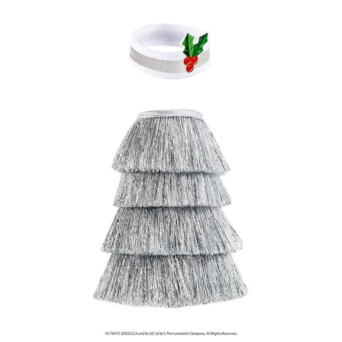 Silver fringe skirt with a white band featuring holly design on a white background