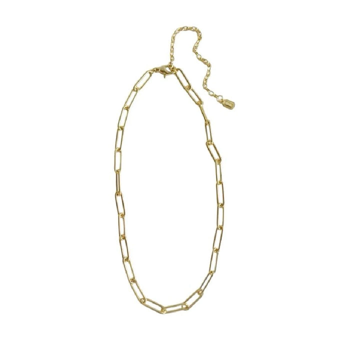 An elegant gold chain link necklace, highlighting its simplicity and refined style.