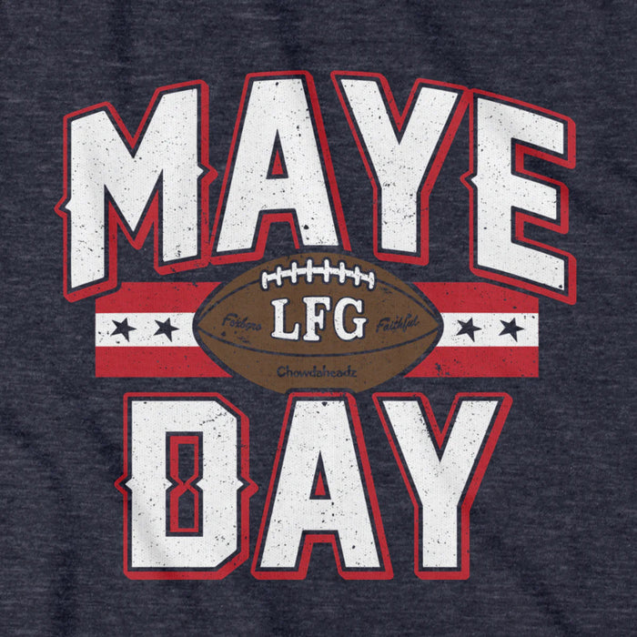 Navy blue t-shirt with 'MAYE LFG DAY' text and football graphic on a dark background