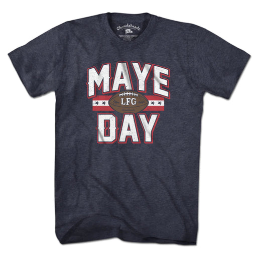 Navy blue t-shirt with 'MAYE LFG DAY' text and football graphic on a white background