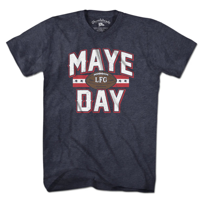 Navy blue t-shirt with 'MAYE LFG DAY' text and football graphic on a white background