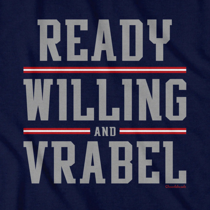 Navy blue t-shirt with 'READY WILLING AND VRABEL' text in gray on a dark background