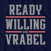 Navy blue t-shirt with 'READY WILLING AND VRABEL' text in gray on a dark background