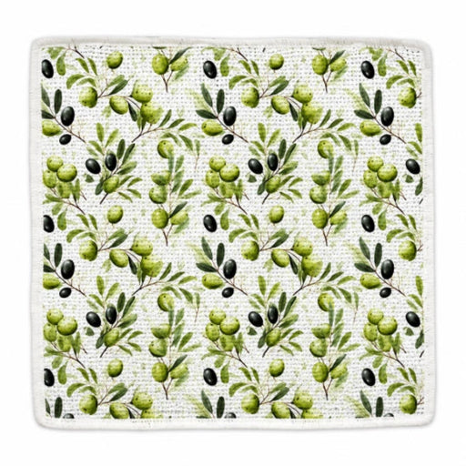 This CJ Bella Green &amp; Black Olives Wash Cloth features a vibrant olive print on a premium waffle weave fabric.